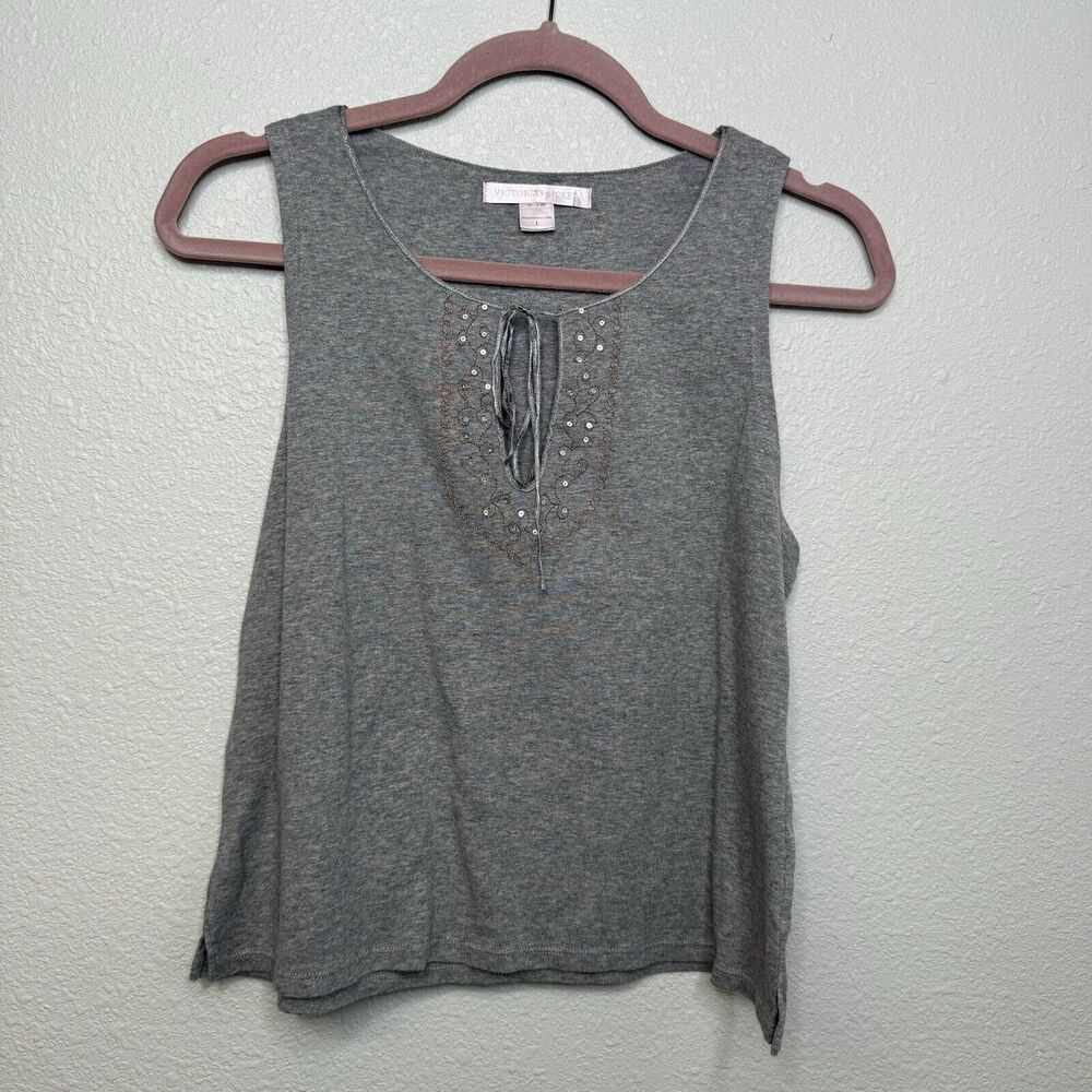 Vintage Victoria Secret Gray Rhinestone Tie Front Lounge Blouse Top Large